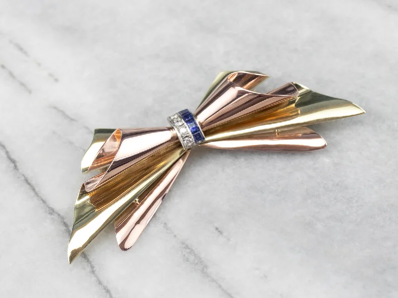 Cute Brooch For Girls-Sapphire Diamond Two Tone Gold Bow Brooch