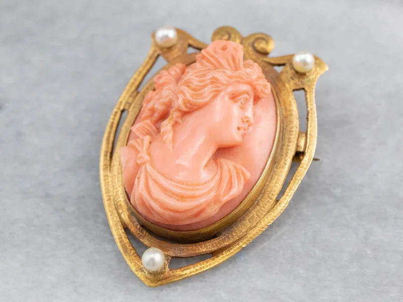 Gold Brooch For Wedding Party-Art Nouveau Coral Cameo Gold Brooch Pendant