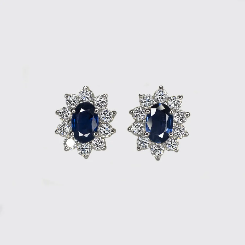 Intricate Earrings For Cultural Events-SAPPHIRE DIAMOND STUD EARRINGS 18k WHITE GOLD OVAL SHAPE HALO NATURAL CLASSIC