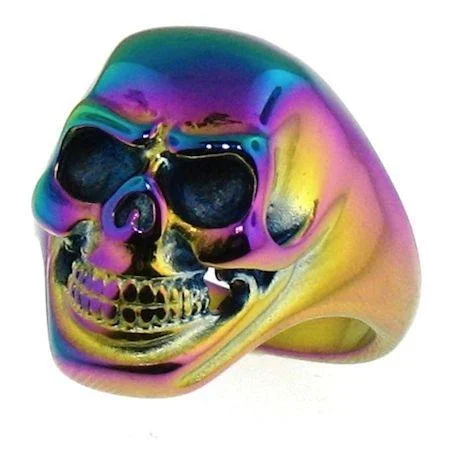 Affordable Wedding Bands For Brides-Stainless Steel Rainbow Skull Ring / SCR4050