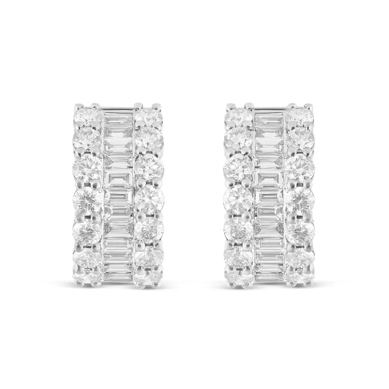 Modern Earrings For Formal Wear-18K White Gold Baguette & Round Diamond Huggie Earrings