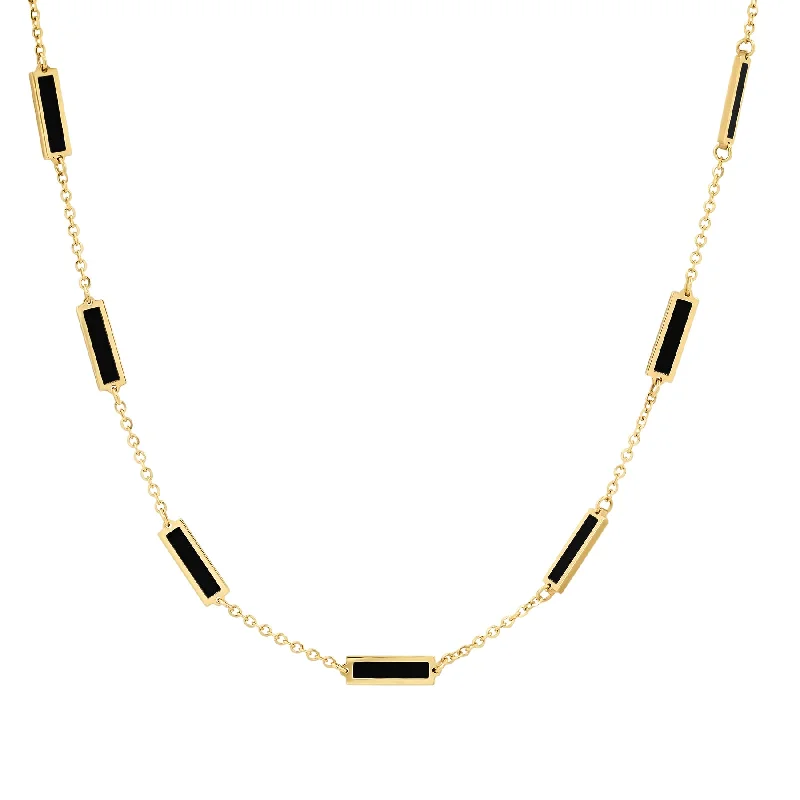 Crystal Pendant Necklaces For Elegant Touch-9 BAR INLAY DAINTY NECKLACE BLACK ONYX, 14kt GOLD