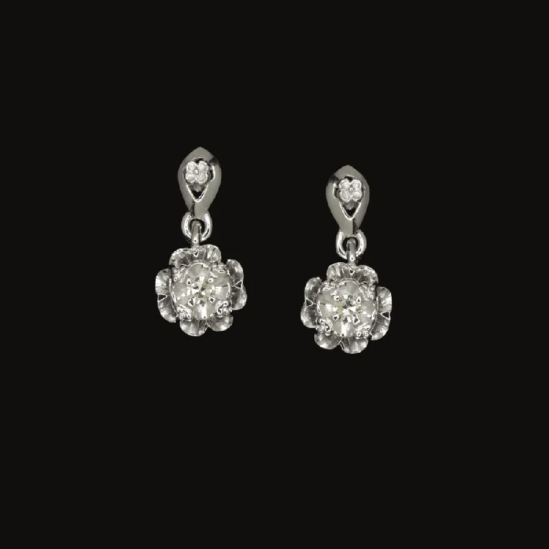 Trendy Earrings For Holiday Looks-VINTAGE DIAMOND FLOWER DANGLE EARRINGS 14k WHITE GOLD DROP NATURAL ESTATE FLORAL