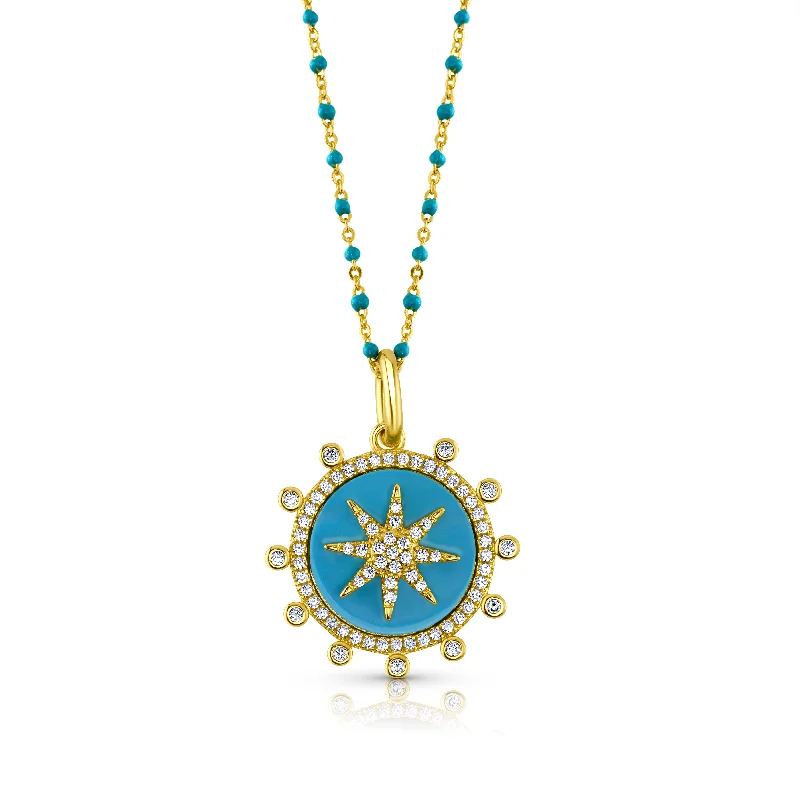 Beautiful Sapphire Necklaces For Gifting-SUNBRUST PENDANT AND BEADED CHAIN NECKLACE, GOLD TURQUOISE