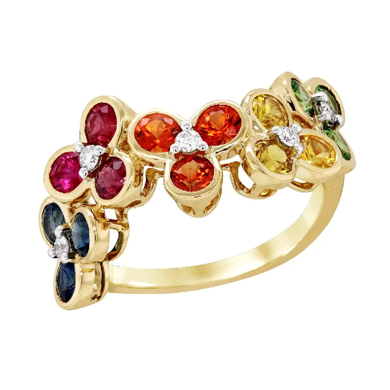 Classic Ruby Rings For Wedding Proposals-YELLOW GOLD FLORAL RING WITH MULTICOLORED GEMS AND DIAMONDS, .11 CT TW