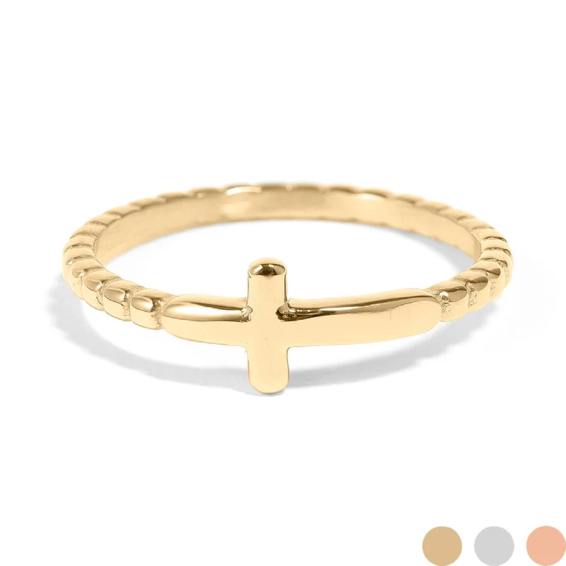 Stunning Engagement Rings For Timeless Beauty-18K Gold PVD Stainless Steel Beaded Cross Stacking Ring / CSR0005