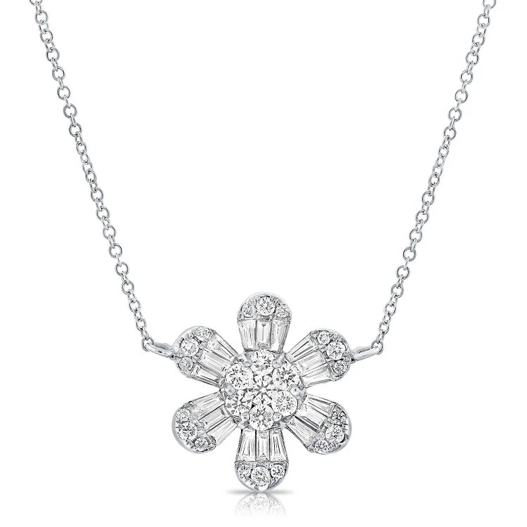 Simple Silver Necklaces For Work Wear-14K White Gold Diamond Baguette Flower Necklace