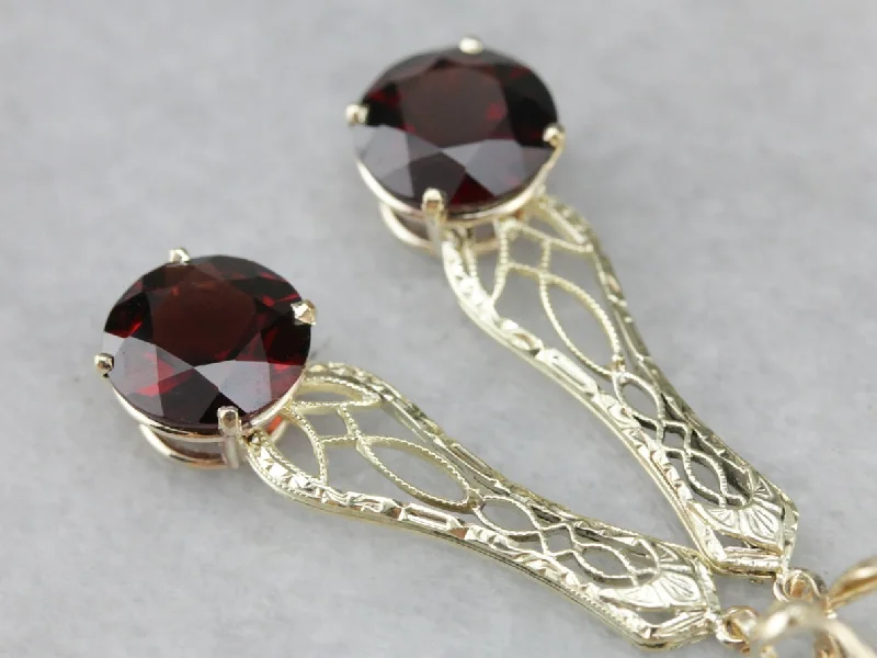 Trendy Earrings For Holiday Looks-Garnet Filigree Drop Earrings