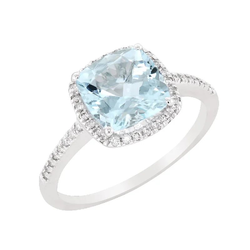 Personalized Silver Rings For Special Gifts-WHITE GOLD FASHION RING WITH CUSHION AQUAMARINE AND ROUND DIAMONDS, .18 CT TW