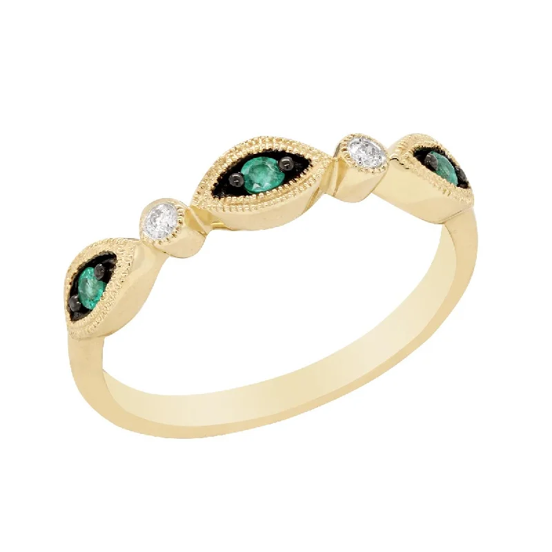 Elegant Rose Gold Wedding Bands For Brides-YELLOW GOLD FASHION RING WITH EMERALDS AND DIAMONDS, .04 CT TW