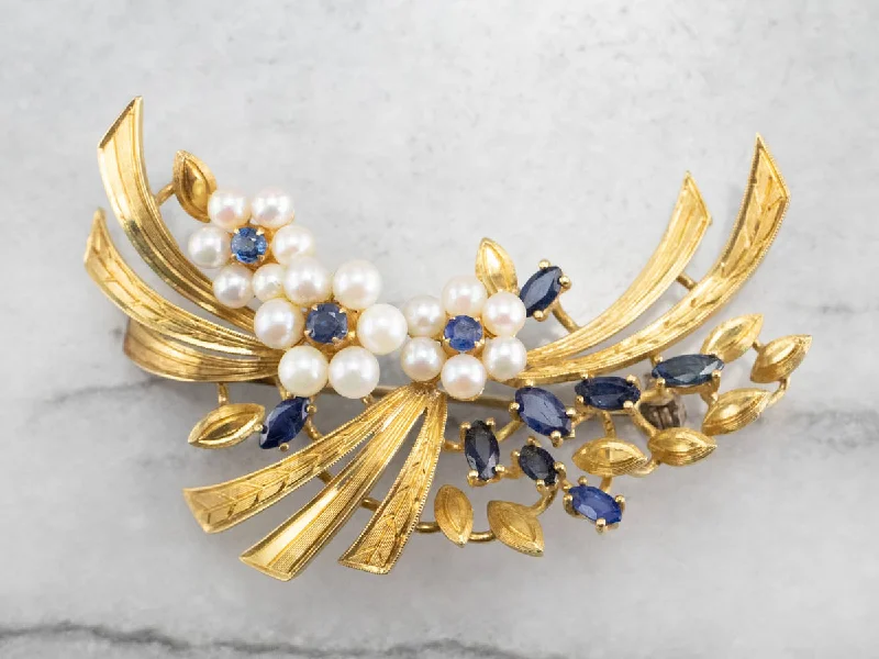 Trendy Brooch For Evening Wear-Vintage Gold Marquise Sapphire and Pearl Brooch