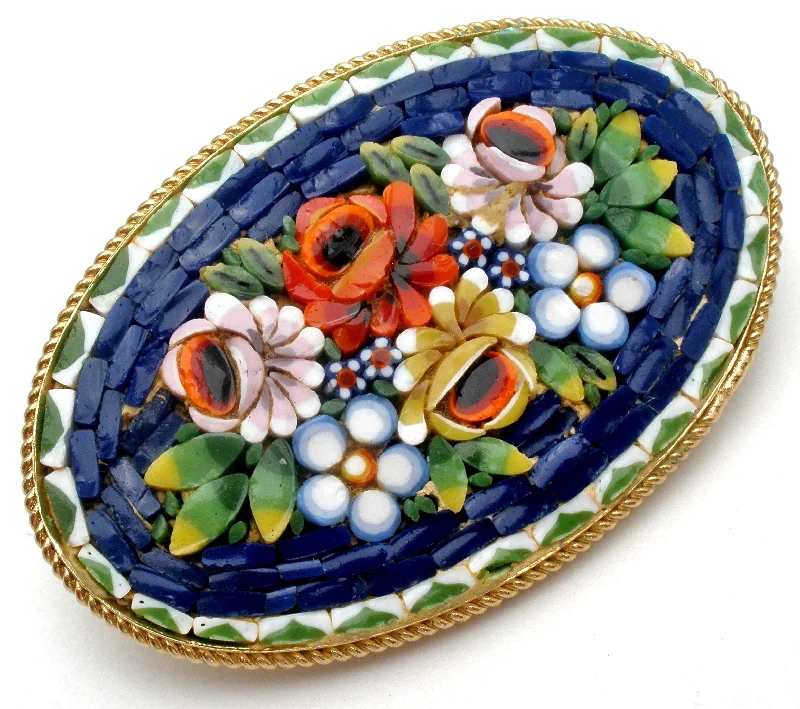 Brooch For Evening Dresses-Italian Oval Mosaic Flower Brooch Pin Vintage