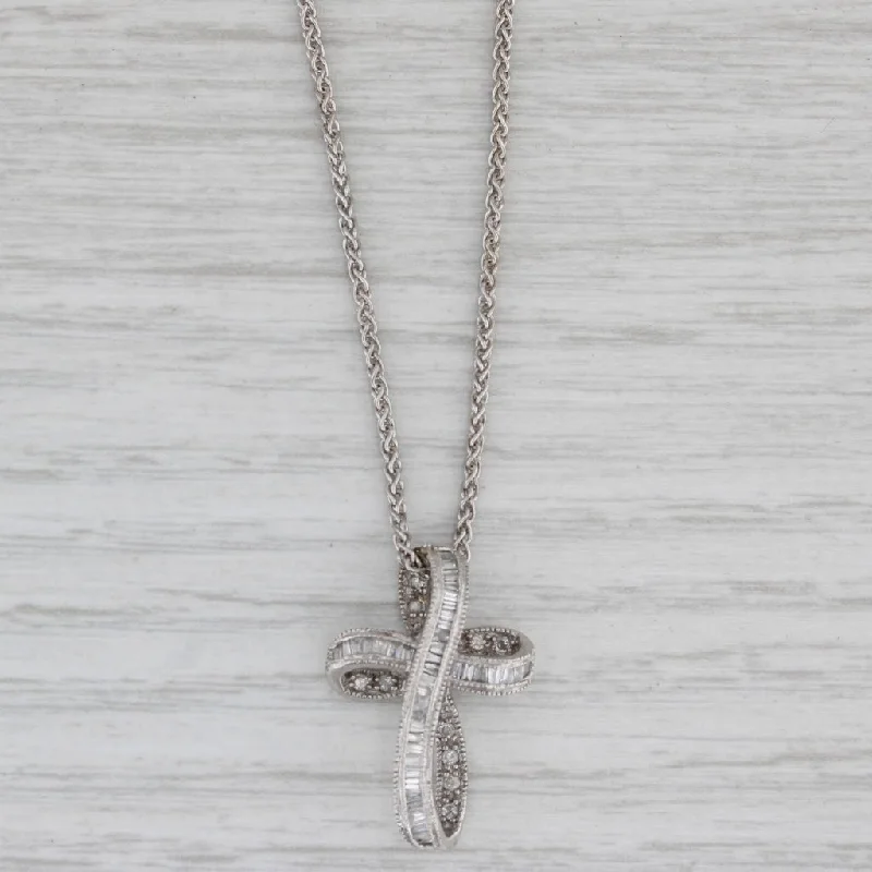 Personalized Nameplate Necklaces-0.39ctw Diamond Ribbon Cross 14k White Gold Wheat Chain 18" Necklace