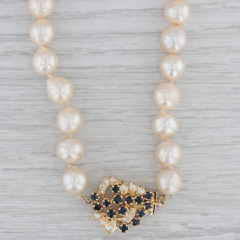 Simple Silver Necklaces For Casual Style-Cultured Pearl 1.30ctw Blue Sapphire Diamond Clasp Necklace 14k Yellow Gold 30"