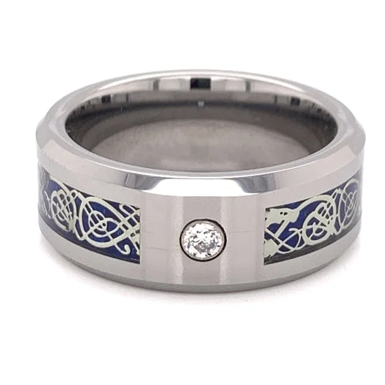 Personalized Custom Rings For Special Gifts-Blue Decorative Center With Clear CZ Stone Tungsten Comfort Fit Ring  / TGR1014