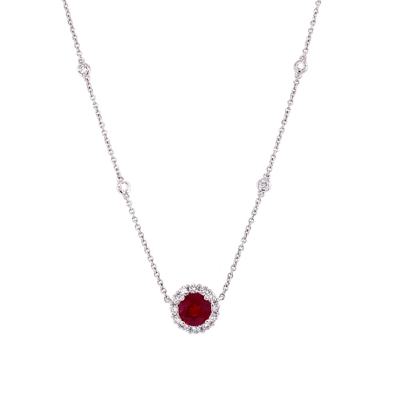 Simple Chain Necklaces For Daily Wear-18K White & Yellow Gold Diamond + Ruby Necklace