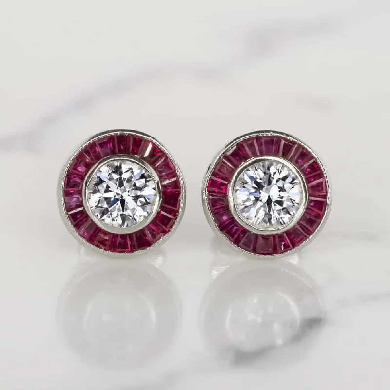 Comfortable Hoop Earrings For All-Day Wear-ART DECO STYLE E-F SI2 DIAMOND RUBY STUD EARRINGS ROUND CUT CALIBRE HALO TARGET