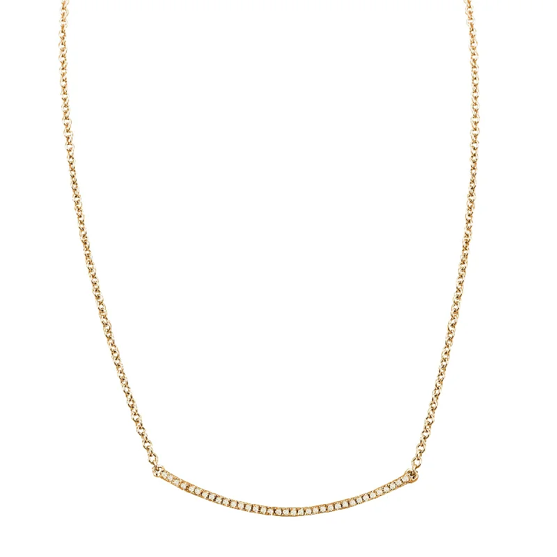 Elegant Wedding Necklaces For Bride-14k Yellow Gold Curved Diamond Bar Necklace