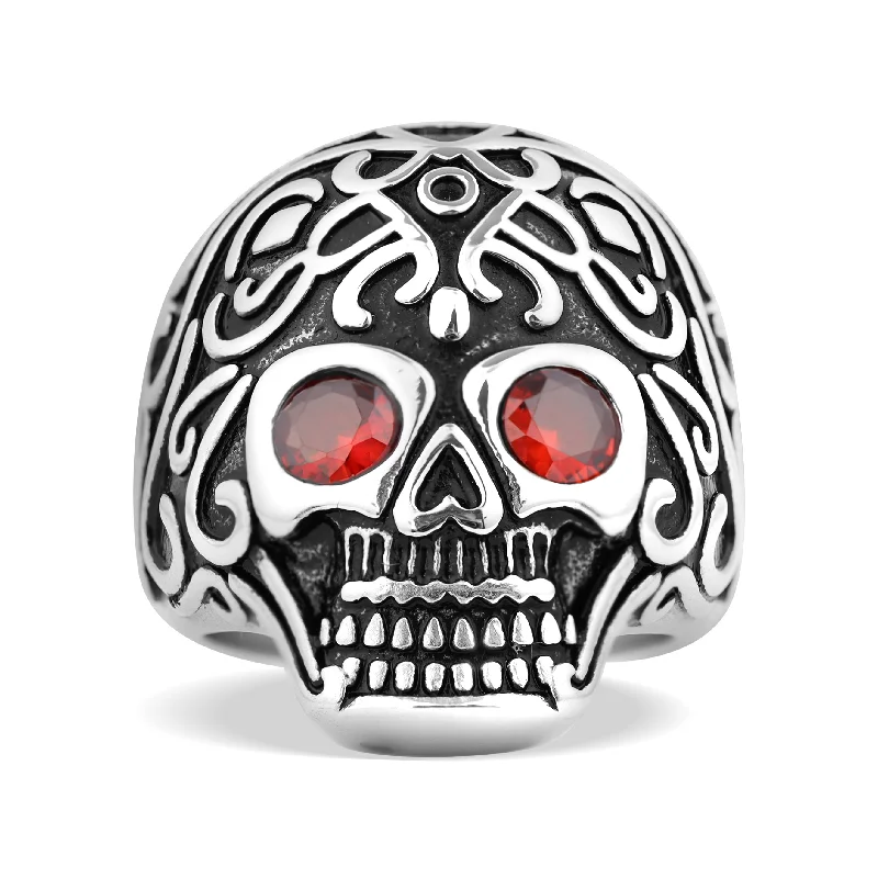 Simple Band Rings For Elegant Style-Detailed Skull With Red CZ Eyes Stainless Steel Polished Ring Size 11 / SCR0000