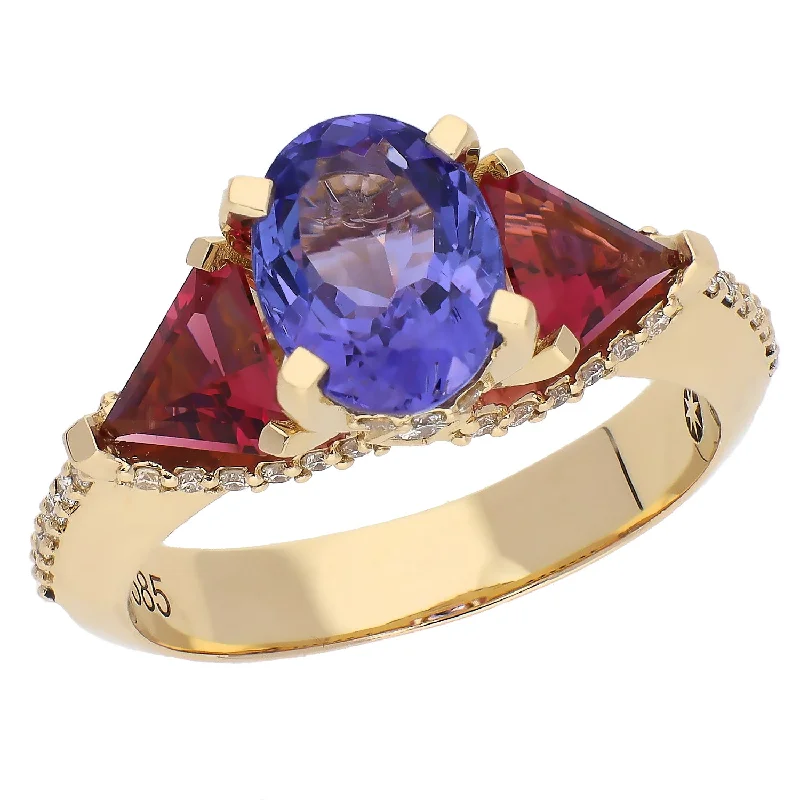 Classic Engagement Rings For Brides-to-Be-14K Yellow Gold Tanzanite and Rhodolite Garnet Ring Custom Design by Holly Reyome