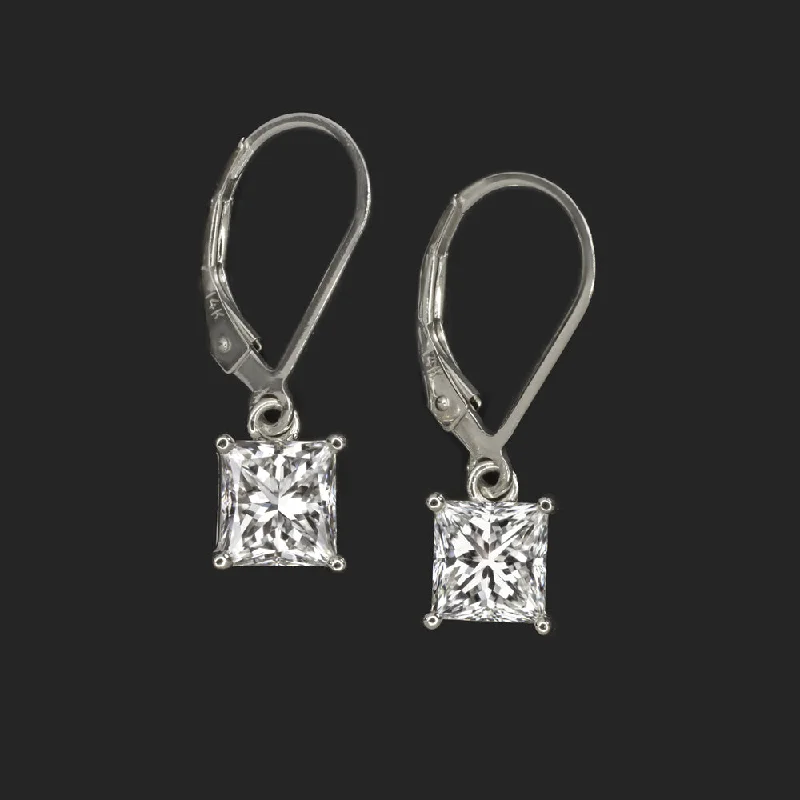 Antique Earrings For Collectors-DIAMOND DROP EARRINGS 2.13c PRINCESS CUT EARTH MINED LEVERBACK DANGLE WHITE GOLD