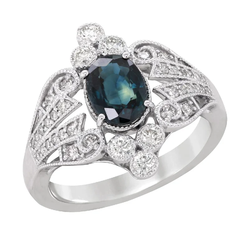 Gorgeous Engagement Rings For Brides-to-Be-WHITE GOLD FASHION RING WITH OVAL CUT SAPPHIRE AND ROUND DIAMONDS, .57 CT TW