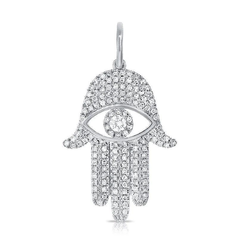 Simple Crystal Necklaces For Casual Look-14K White Diamond Evil Eye X-Large Hamsa Pendant