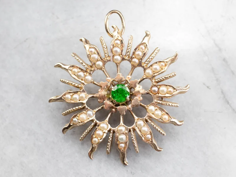 Brooch For Jacket Collar-Antique Demantoid Garnet and Seed Pearl Brooch