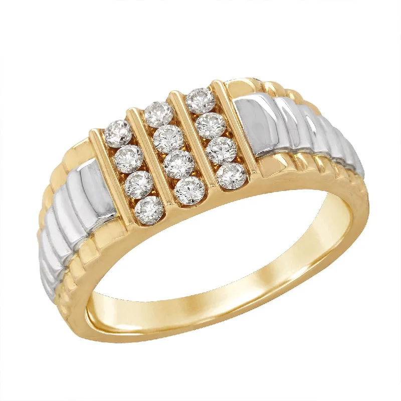 Affordable Diamond Rings-MENS TWO-TONE GOLD RING WITH ROLEX STYLE BAND AND ROWS OF DIAMONDS, .50 CT TW