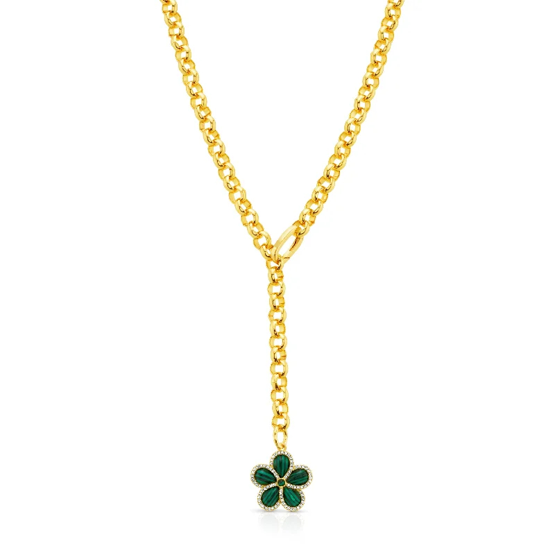 Handmade Gold Necklaces-PRECIOUS FLOWER LARIAT CHAIN NECKLACE, MALACHITE GOLD