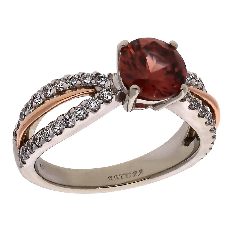 Unique Vintage Rings For Weddings-14K White and Rose Gold Ancora Designs Diamond Two Tone Shank Red Zircon Ring