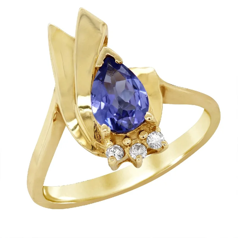 Customizable Promise Rings For Couples-YELLOW GOLD RING WITH PEAR TANZANITE CENTER, .03 CT TW