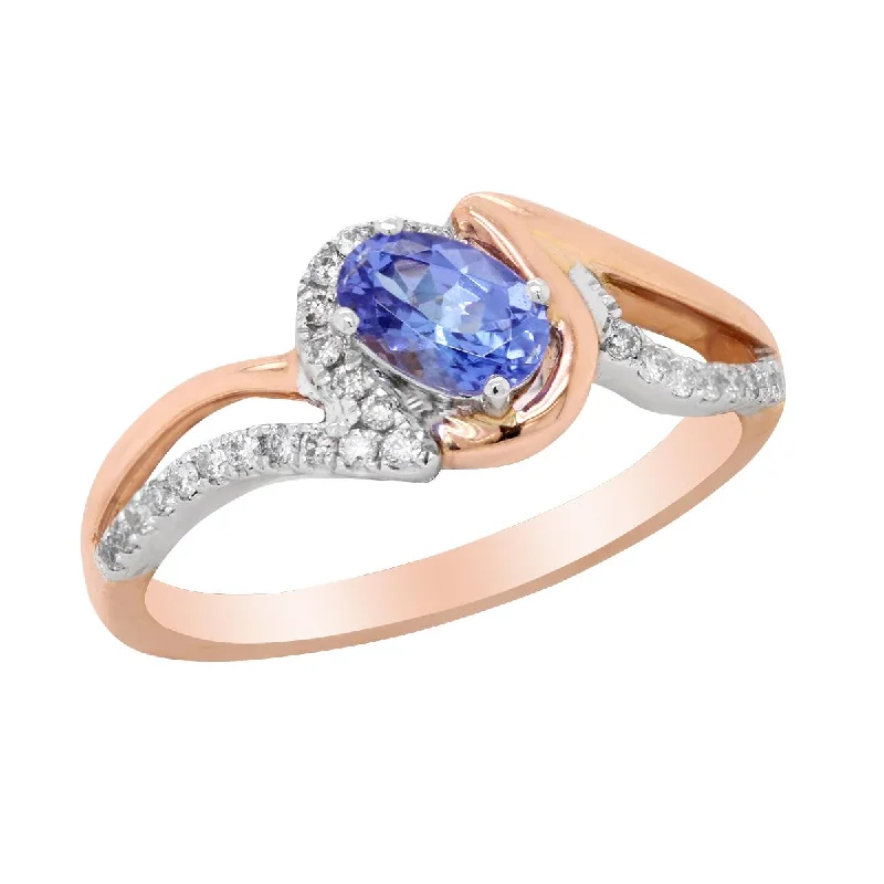 Artistic Gemstone Rings For Creative Fashion-TWO-TONE GOLD FASHION RING WITH OVAL TANZANITE AND ROUND DIAMONDS, .15 CT TW