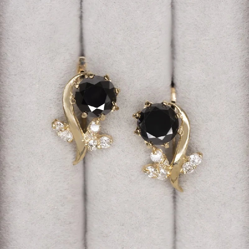 Cute Earrings For Teen Girls-1.70ct BLACK WHITE DIAMOND FLOWER EARRINGS 14k YELLOW GOLD VINTAGE ESTATE ROUND