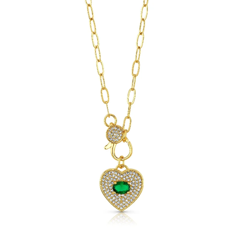 Intricate Necklaces For Fashion-Forward Style-HEART EMERALD CZ CLASP NECKLACE