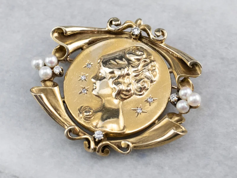 Simple Crystal Brooch For Women-Diamond Pearl Gold Portrait Brooch Pendant