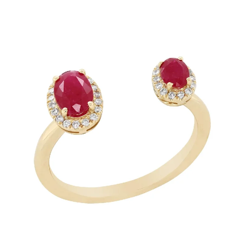 Stunning Wedding Rings For Brides-YELLOW GOLD RUBY FASHION RING WITH DIAMOND HALOS, .11 CT TW