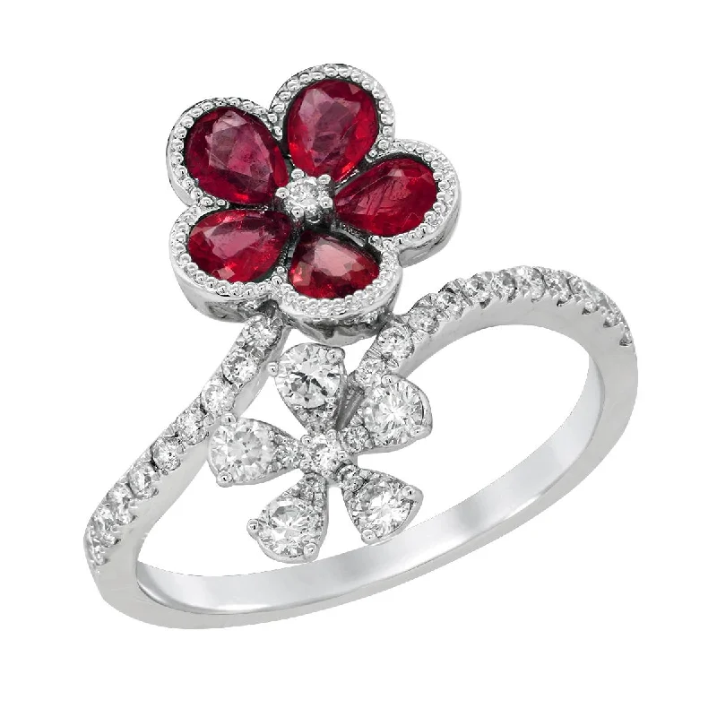 Elegant Sapphire Wedding Bands For Brides-WHITE GOLD FLORAL STYLE RING WITH RUBIES AND DIAMONDS, .39 CT TW