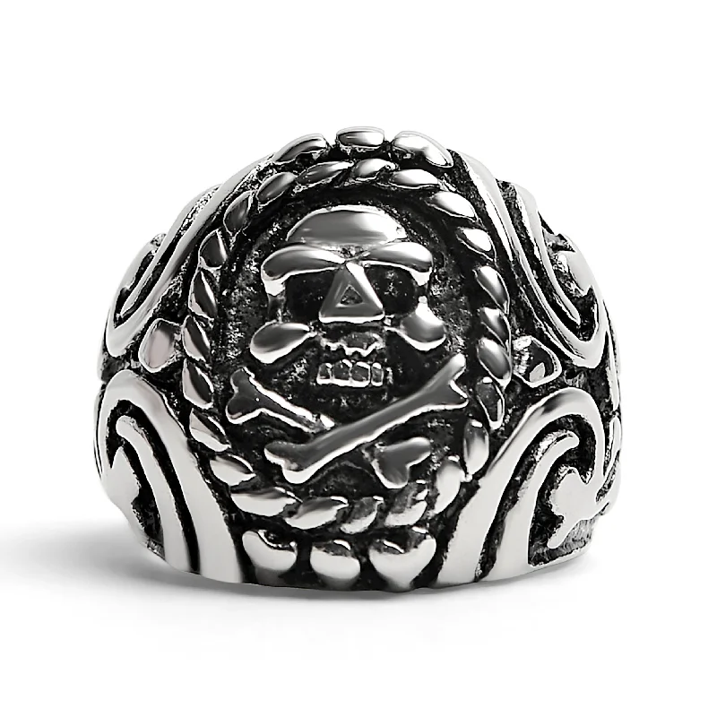 Colorful Gem Rings For Statement Style-Polished Skull And Crossbones With Ocean Pattern Stainless Steel Ring / SCR1001