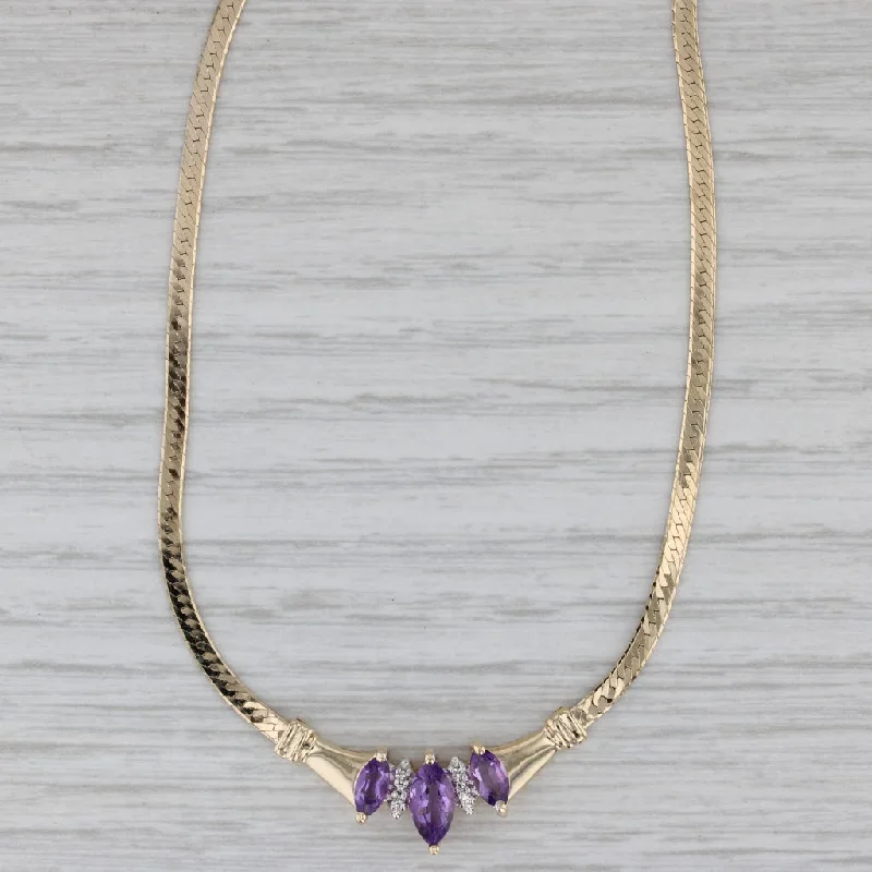 Handmade Gold Necklaces-0.96ctw Amethyst Diamond V Necklace 14k Yellow Gold 16" Herringbone Chain