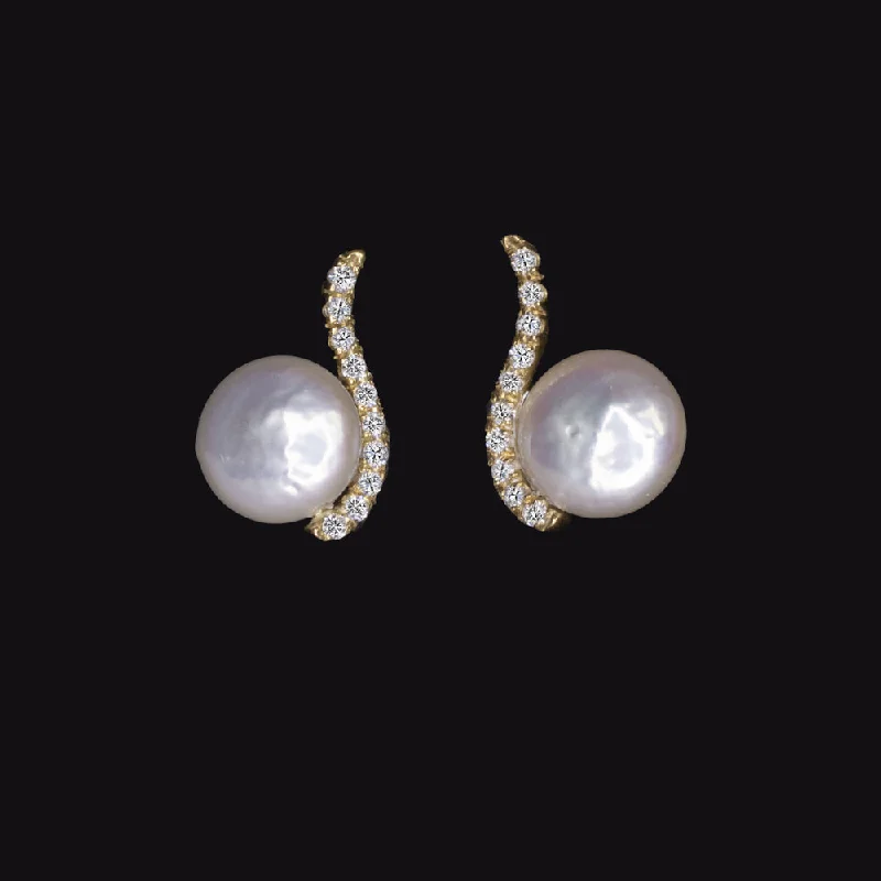 Stylish Earrings For Elegant Occasions-COIN PEARL DIAMOND DROP EARRINGS 18k YELLOW GOLD DESIGNER STUD NATURAL BUTTON