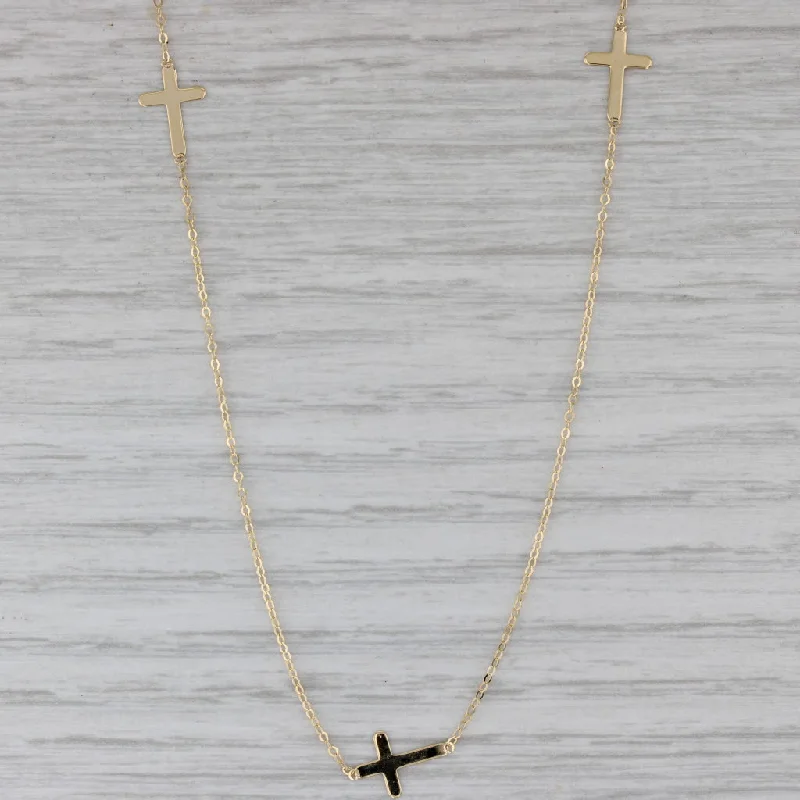 Simple Silver Necklaces For Office Wear-New Cross Station Necklace 14k Yellow Gold 18" Cable Chain 3 Crosses