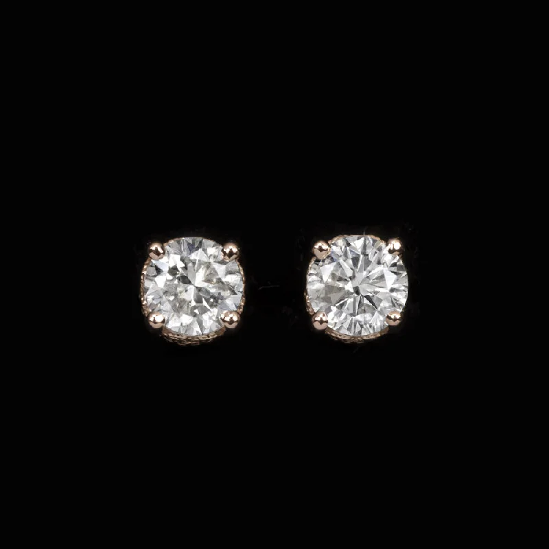 Gemstone Earrings For Sparkly Night Outfits-0.73ct VERY GOOD ROUND CUT DIAMOND STUD EARRINGS VINTAGE STYLE ROSE GOLD 3/4ct