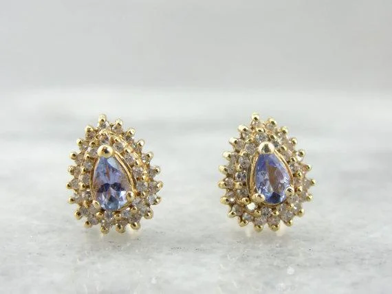 Minimalist Earrings For Simple Look-Tanzanite and Diamond Double Halo Stud Earrings