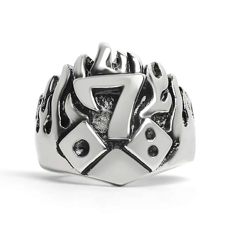 Unique Vintage Rings For Weddings-Large Detailed Lucky Seven Dice Stainless Steel Ring / SCR4010