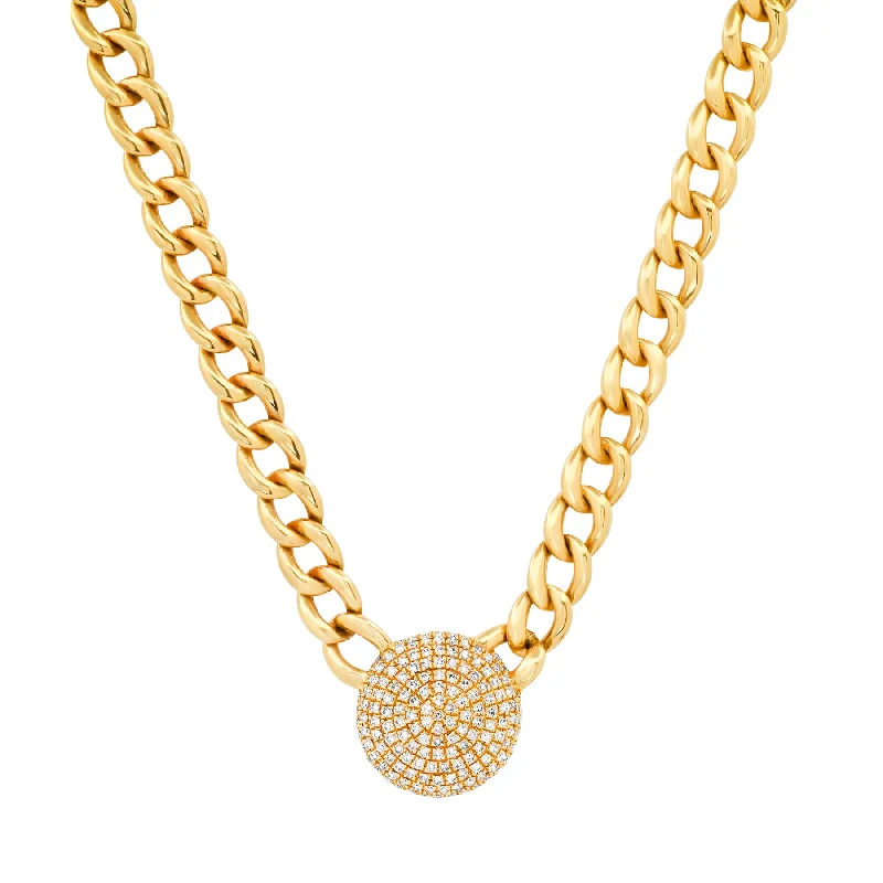 Artistic Pendant Necklaces For Creative Look-DIAMOND DISC CUBAN LINK CHAIN, 14kt GOLD