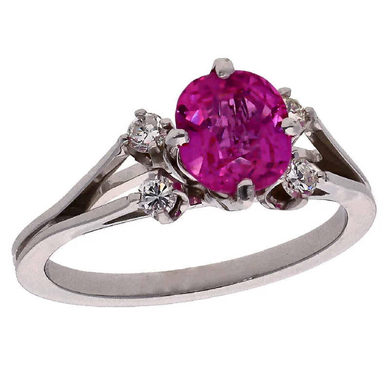 Simple Titanium Rings For Minimalist Style-18K White Gold Oval Pink Sapphire & Diamond Ring