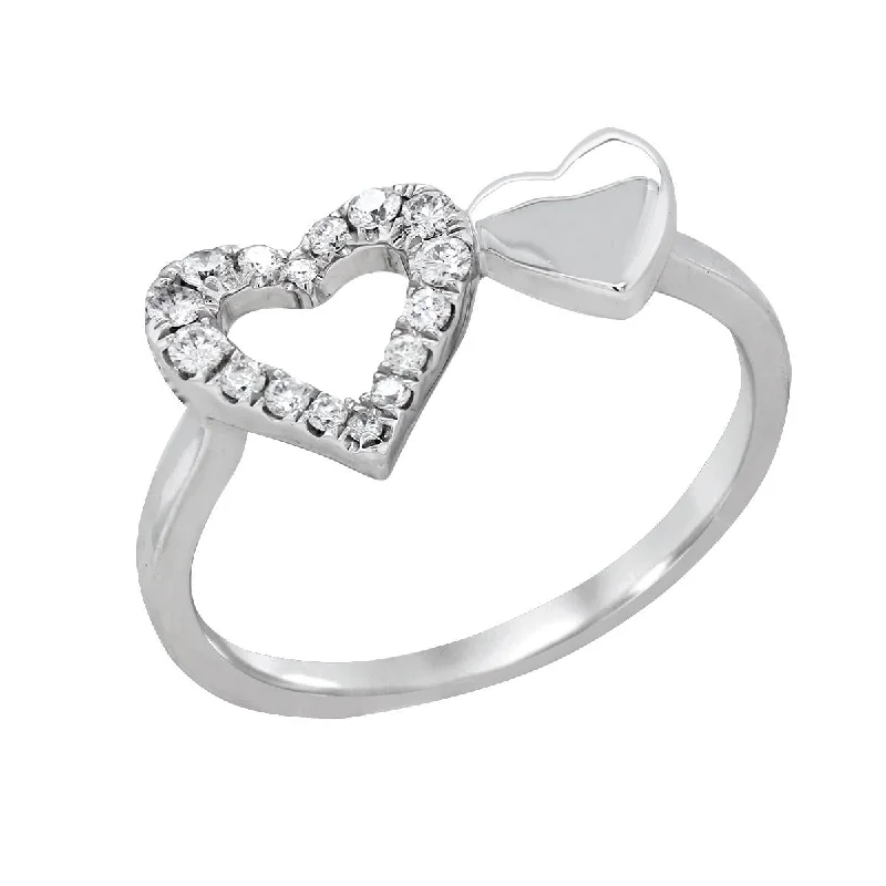 Bold Silver Rings For Fashion Lovers-WHITE GOLD DOUBLE HEART RING WITH DIAMONDS, 1/5 CT TW