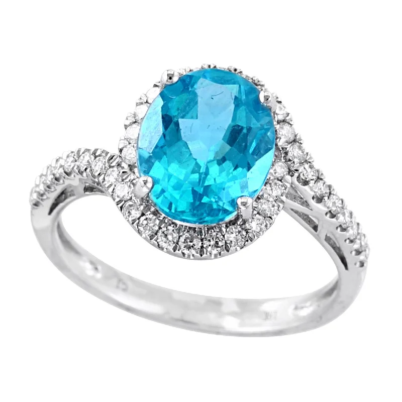 Handmade Engagement Rings For Unique Proposals-WHITE GOLD FASHIN RING WITH OVAL CUT APATITE AND DIAMOND HALO, .26 CT TW