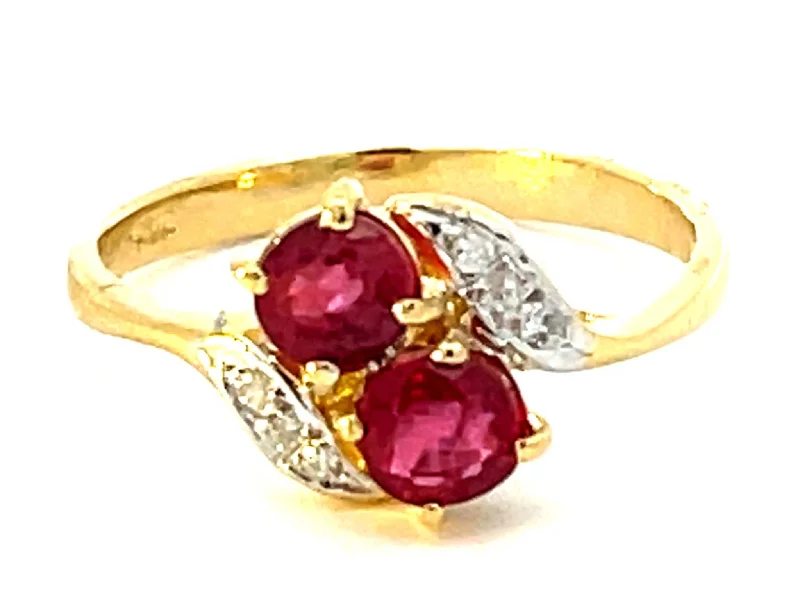 Beautiful Titanium Engagement Rings For Men-Double Red Ruby and Diamond Ring in 14k Yellow Gold